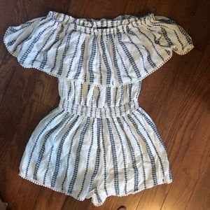 White and blue off shoulder romper